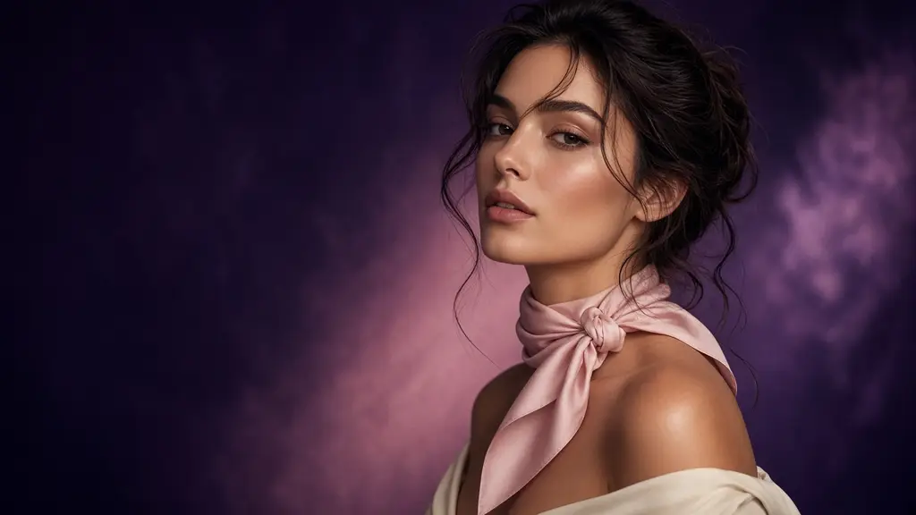 AI-styled model in a blush silk scarf tied at the neck