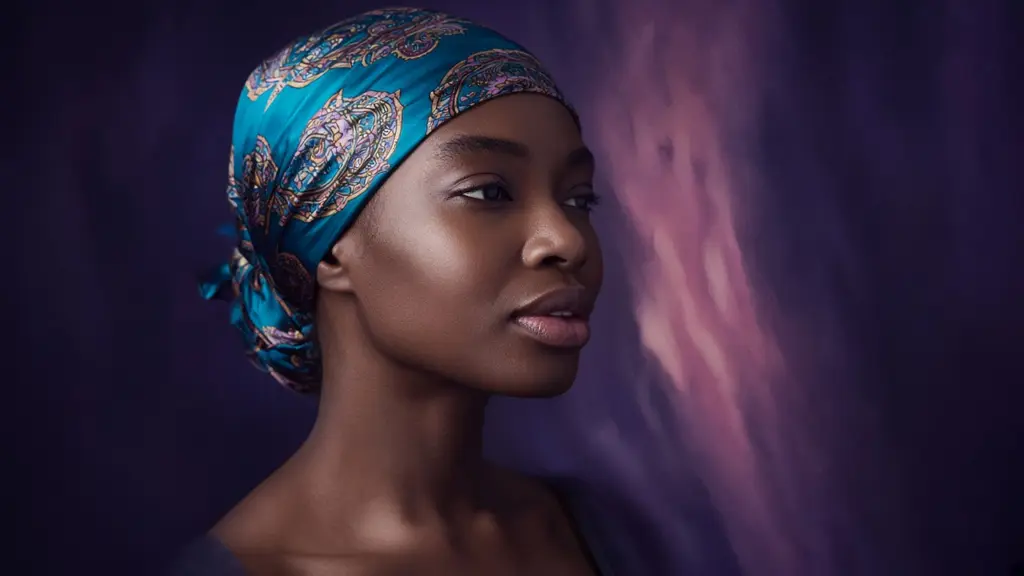 AI-styled model in a teal paisley silk head wrap