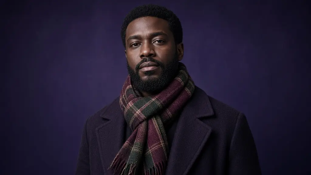 AI-styled model in a burgundy and green tartan scarf